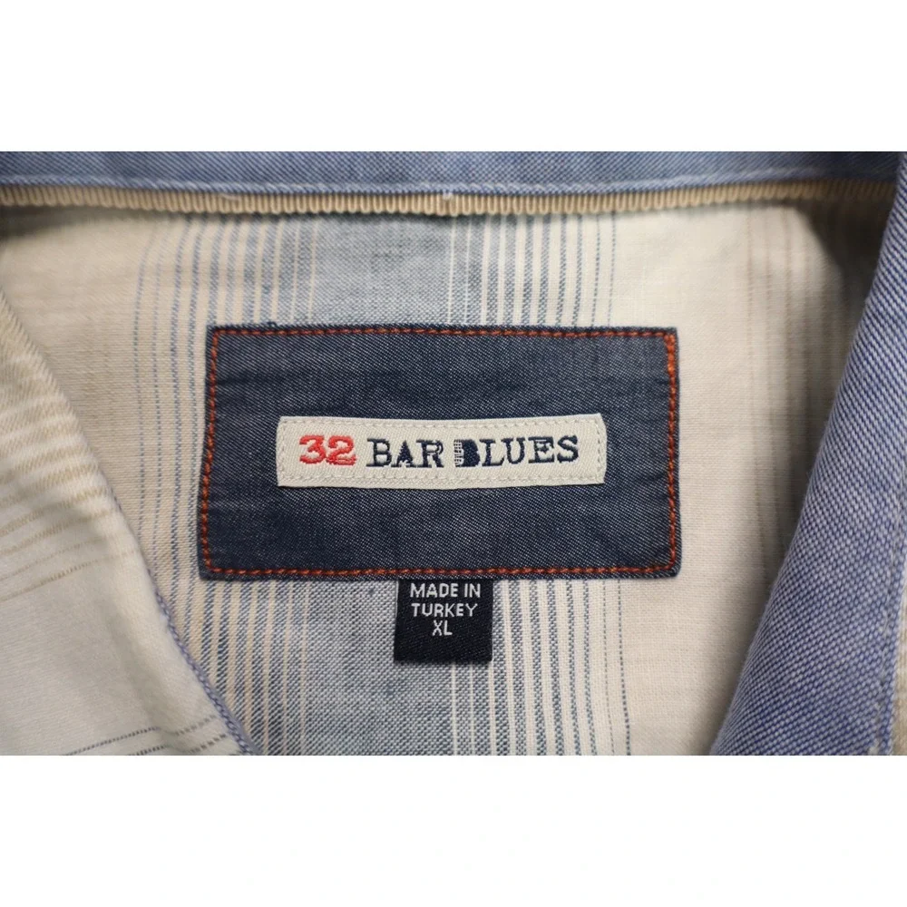 32 Bar Blue Linen Blend Shirt Long Sleeve Button Front Size XL Blue White Brown